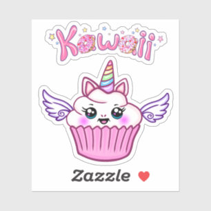 Sticker Kawaii Arc-en-ciel à ailes Unicorn Cupcake