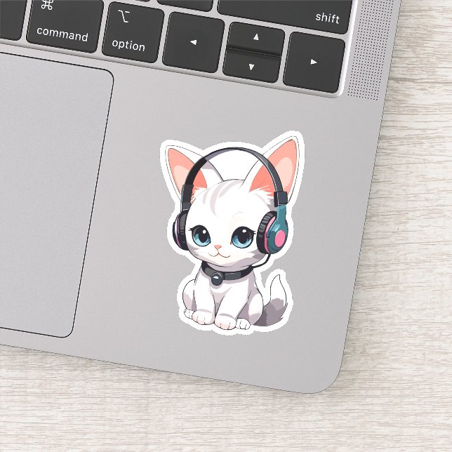 Sticker Kawaii Chat dans les casques tendance (Détail)