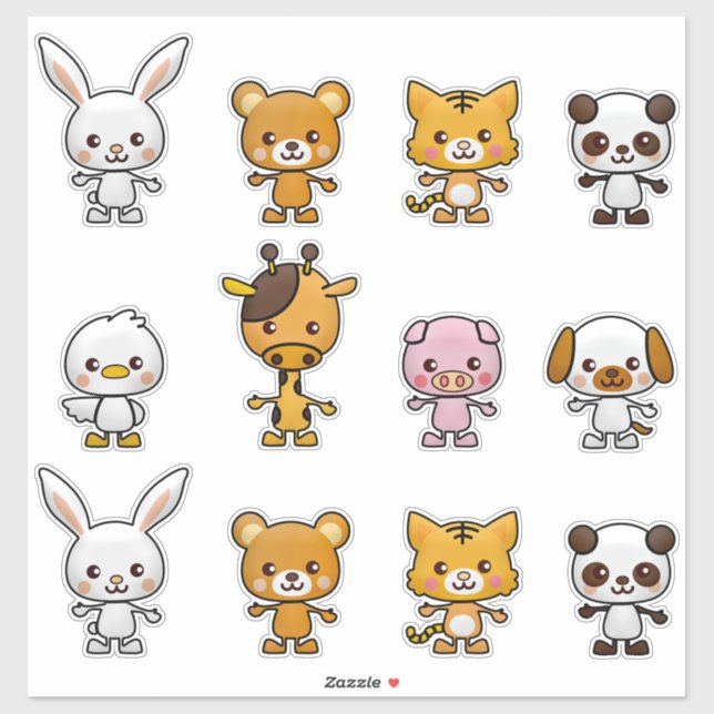 Sticker Kawaii Chat Rabbit Tiger Cochon Ours Canard Animau (Feuille)