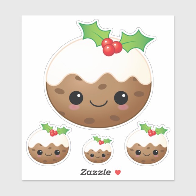 Sticker Kawaii Christmas Pudding mignon Caricature Jeu 4 (Feuille)