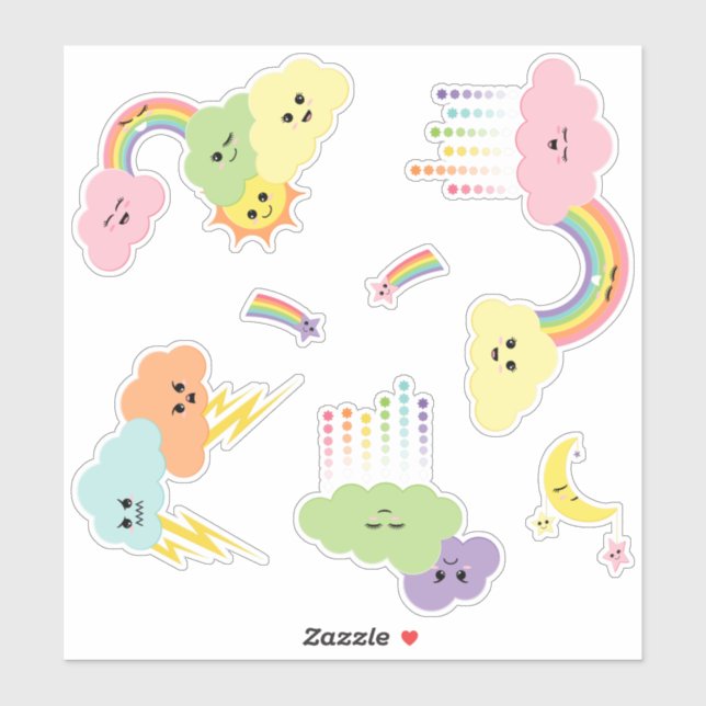 Sticker Kawaii Cute Nuds Sun Moon Rainbow Stars (Feuille)