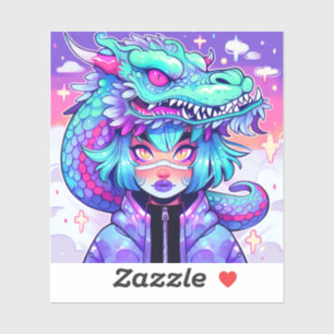 Sticker Kawaii Dragon Headdress Girl dans le ciel Vaporwav