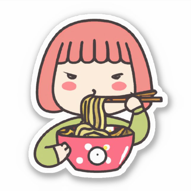 Sticker Kawaii Fille mangeant Ramen avec baguettes (Devant)