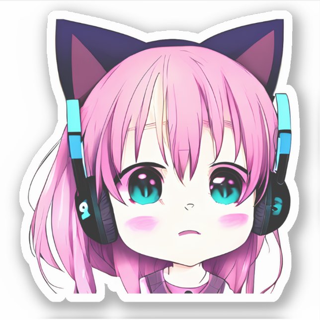 Sticker Kawaii Girl avec casque sur (Devant)