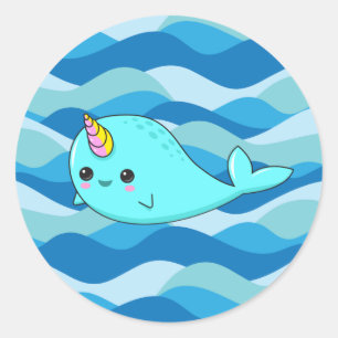 Sticker Kawaii Narwhal sur Blue Waves