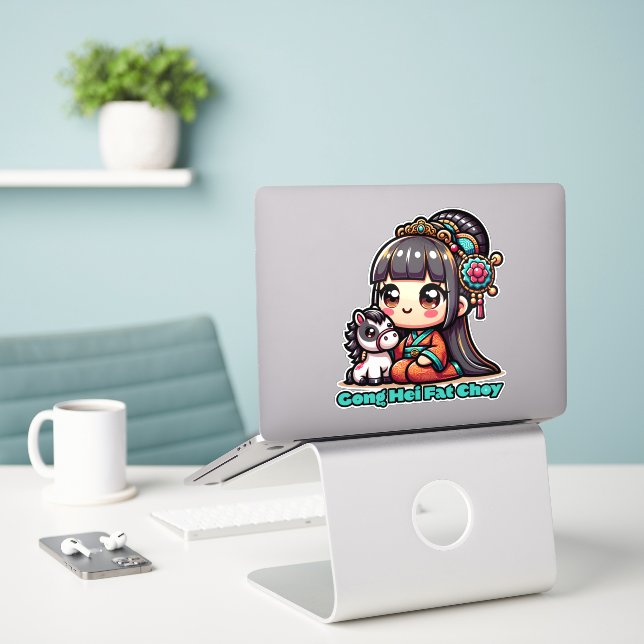 Sticker Kawaii Nouvel An chinois Cheval et fille (Ordinateur portable sur le bureau)