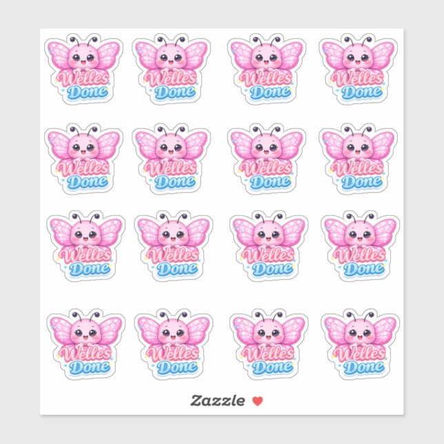 Sticker Kawaii Pink Butterfly Well Done Student Reward  (Feuille)