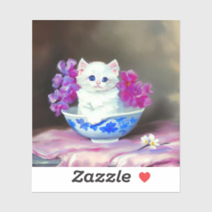 Sticker Kitten blanc vintage aux fleurs roses