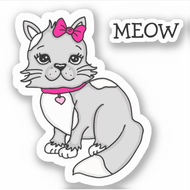 Sticker Kitten tacheté gris et blanc avec cabot rose (Devant)