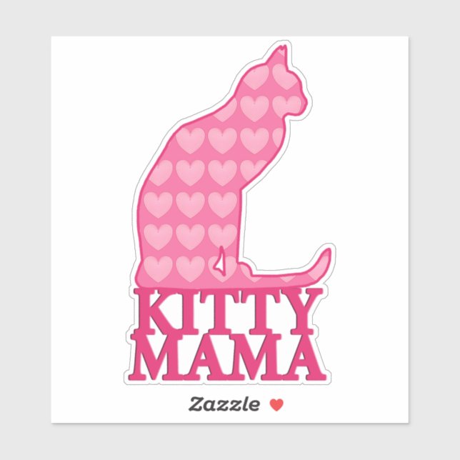 Sticker Kitty Mama assis chat à Fuchsia Coeurs roses (Feuille)