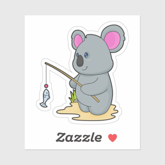 Sticker Koala en Fisher avec la canne à pêche et le poisso (Feuille)