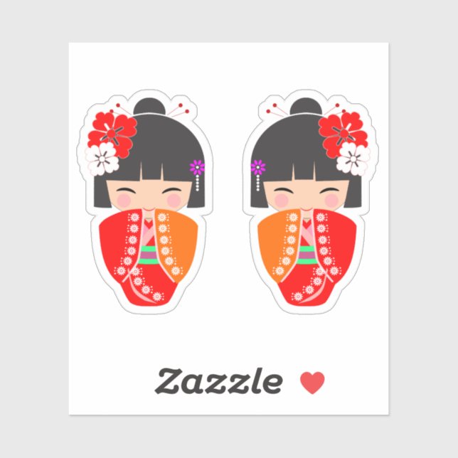 Sticker Kokeshi Doll Red Kimono (Feuille)
