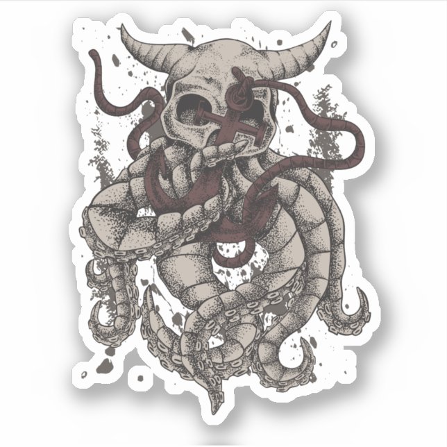 Sticker Kraken Evil Horned Skull Octopus Tentacles Ancre (Devant)