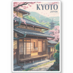 Sticker Kyoto Maison Japon Illustration Voyage Art Rétro