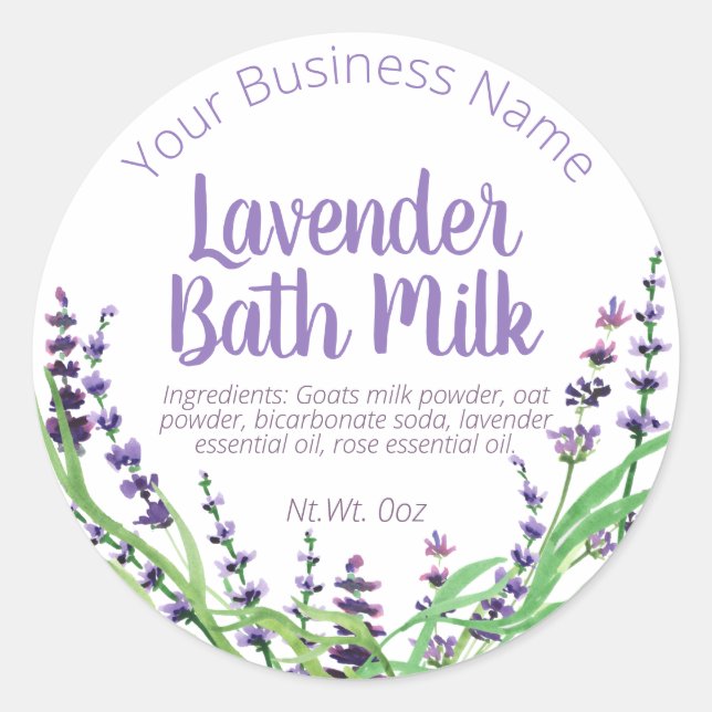 Sticker Label For Homemade Lavender Bath Milk (Front)