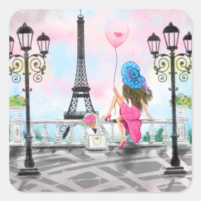 Sticker Lady avec Balloon Rose - I Love Paris (Devant)
