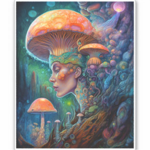 Sticker Lady Et Champignons Surreal Imaginaire Art