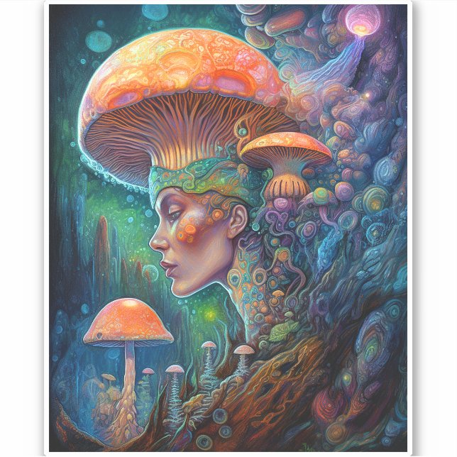 Sticker Lady Et Champignons Surreal Imaginaire Art (Devant)