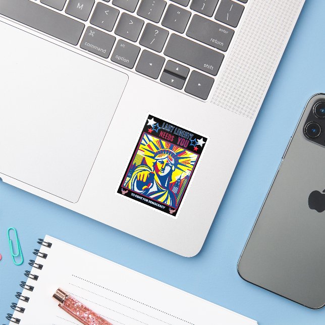 Sticker Lady Liberty a besoin de toi ! BG Noire lutte cont (Ordinateur portable avec iPhone)