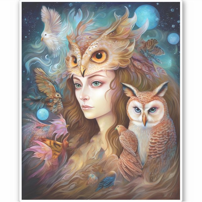 Sticker Lady With Owl Surreal Imaginaire Art (Devant)