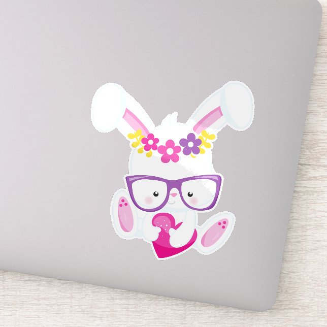 Sticker Lapin de la Saint Valentin, Lapin Blanc, Coeur, Lu (Détail)