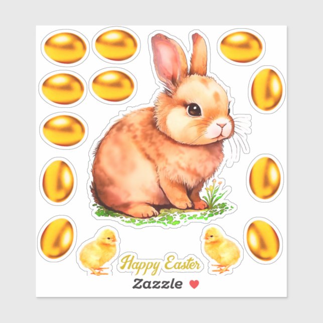 Sticker Lapin de Pâques Beige Doré & Oeufs D'Or (Feuille)