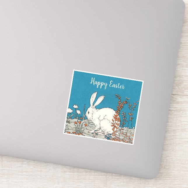 Sticker Lapin de Pâques blanc assis à la Fleur blanche ora (Détail)