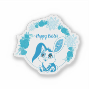 Sticker Lapin de Pâques heureux  Kawaii bleu mignon