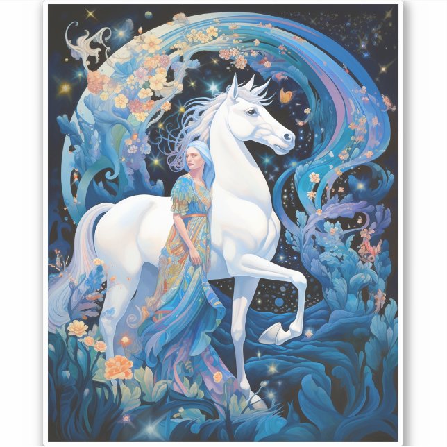 Sticker L'art de l'Imaginaire de la dame et du cheval blan (Devant)