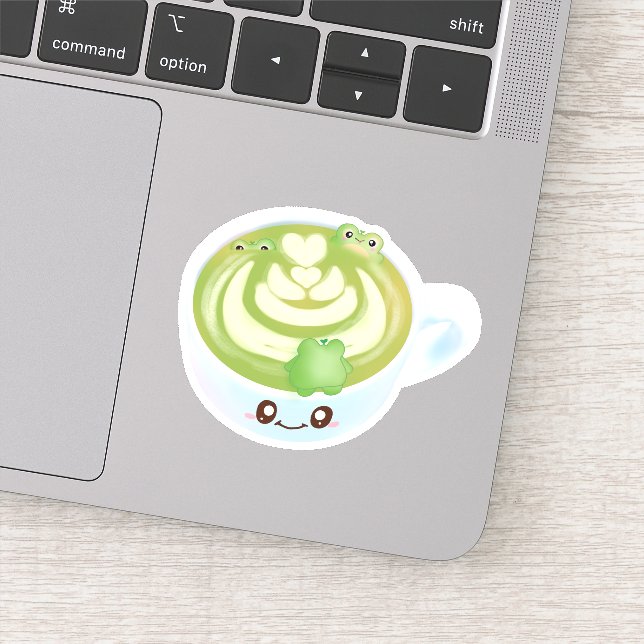 Sticker Latte De Thé Vert Matcha Chaud Avec Cute Frogs (Détail)