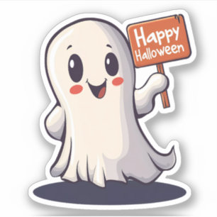 Sticker Le fantôme tient un joyeux signe d'Halloween