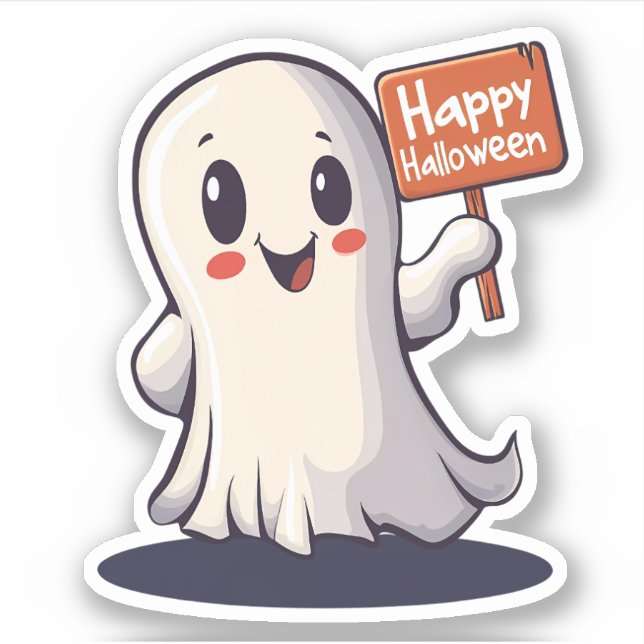 Sticker Le fantôme tient un joyeux signe d'Halloween (Devant)