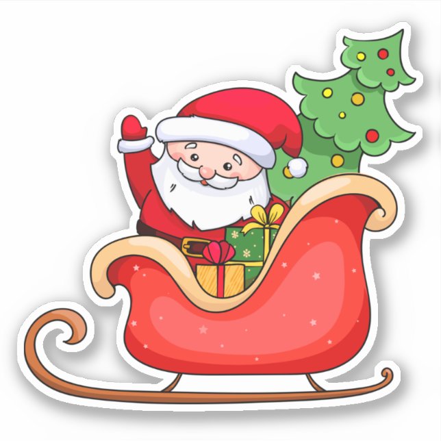 Sticker Le Père Noël en traîneau avec arbre de Noël (Devant)