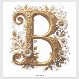 Sticker Lettre B dorée luxueuse avec motif de marguerites 
