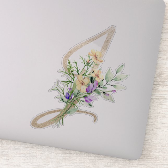 Sticker LETTRE D'OR Faux "J" Aquarelle Fleurs Sauvages (Détail)