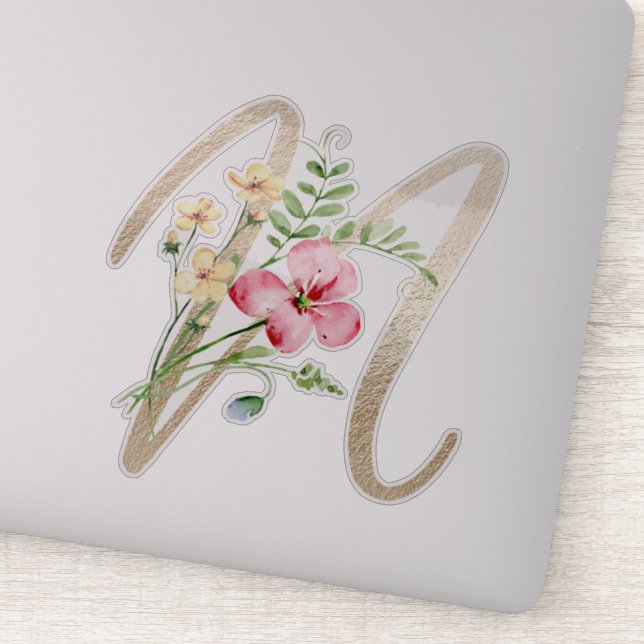 Sticker LETTRE D'OR Faux "N" Aquarelle Fleurs Sauvages (Détail)