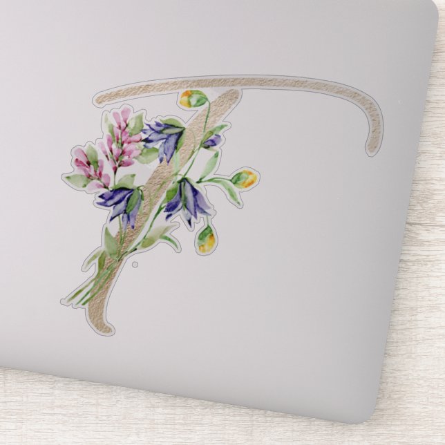 Sticker LETTRE D'OR Faux "T" Aquarelle Fleurs Sauvages (Détail)