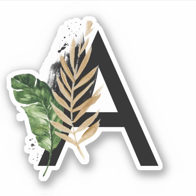 Sticker LETTRE Feuille Tropicale Faux Gold Foil A Monogram (Devant)