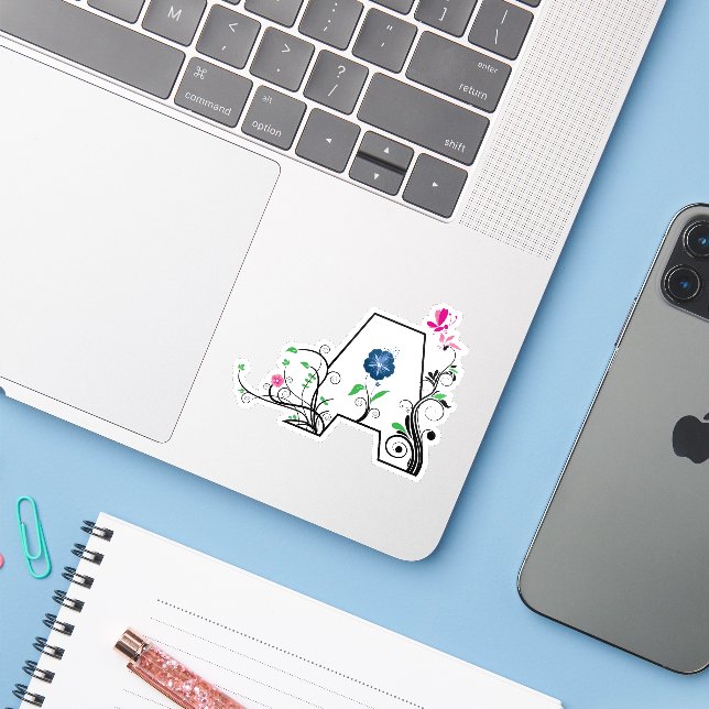 Sticker LETTRE Florale A (Ordinateur portable avec iPhone)
