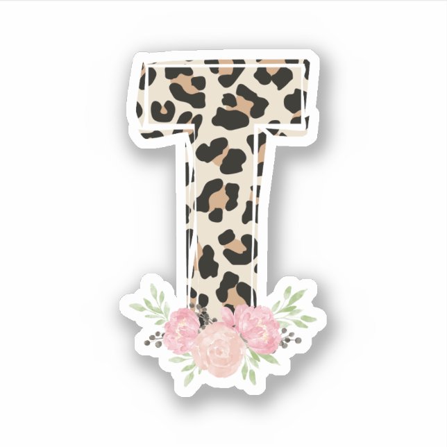 Sticker Lettre florale T Nom initial Leopard Cheetah Impri (Devant)