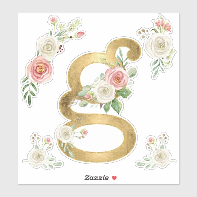 Sticker Lettre G or avec Rose floral bleu aquarelle (Feuille)