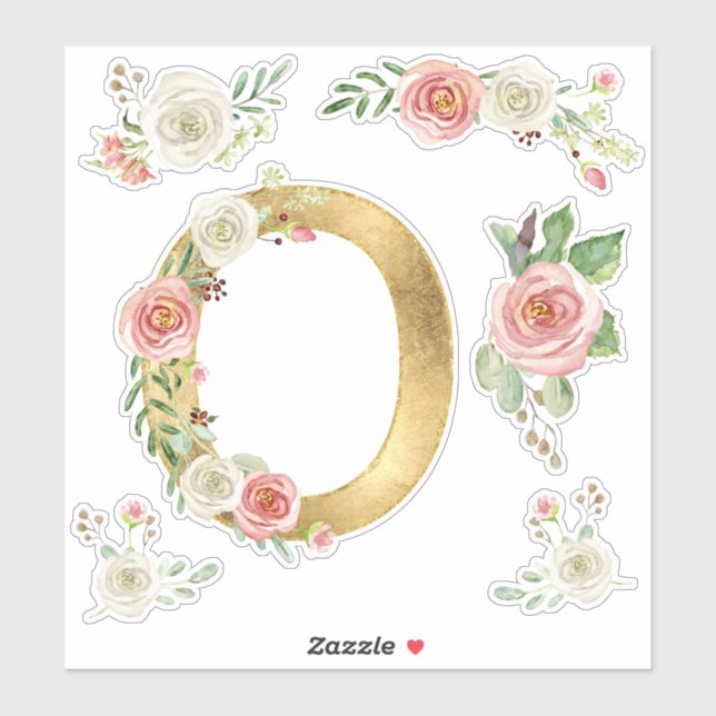 Sticker LETTRE MONOGRAPHIQUE O Pink Rose Floral Feuille Aq (Feuille)