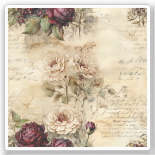 Sticker Lettre vintage d'amour parchemin avec fleurs (7)