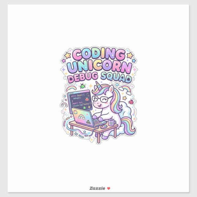 Sticker Licorne Coding Licorne Debug Squad Marché Charmant (Feuille)