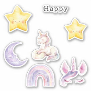 Sticker Licorne Étoiles Jaunes Bonheur Lune Violette Arc-e