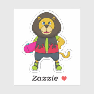 Sticker Lion as skater with skateboard