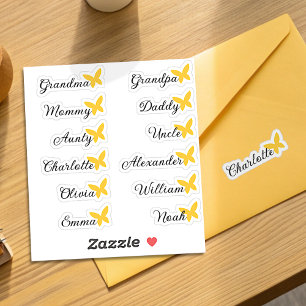 Sticker Liste d'invités 12 noms Calligraphie Papillon jaun