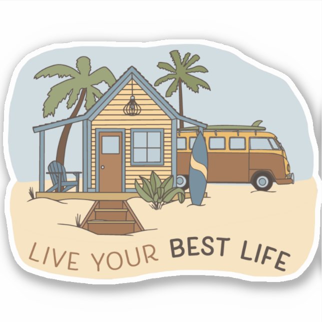 Sticker Live Your Best Life Beach Cabine Surfer (Devant)