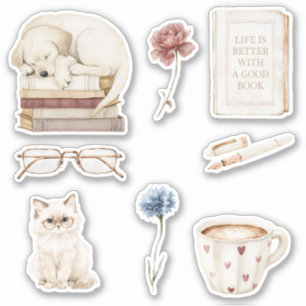 Sticker Livres Chien Chat Fleurs