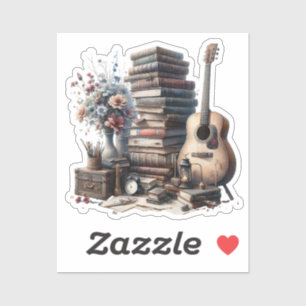 Sticker Livres vintages, Guitare acoustique et Vase de Fle